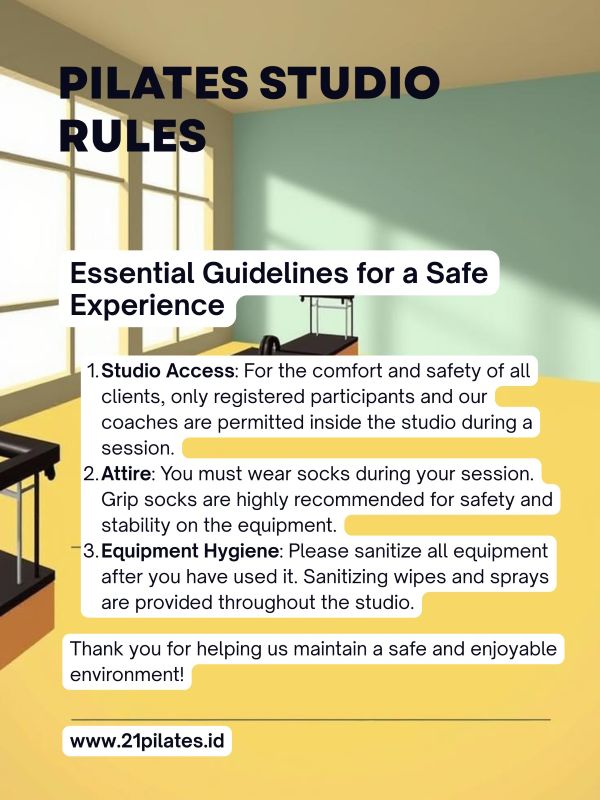 A graphic showing the studio rules for 21 Pilates ID.